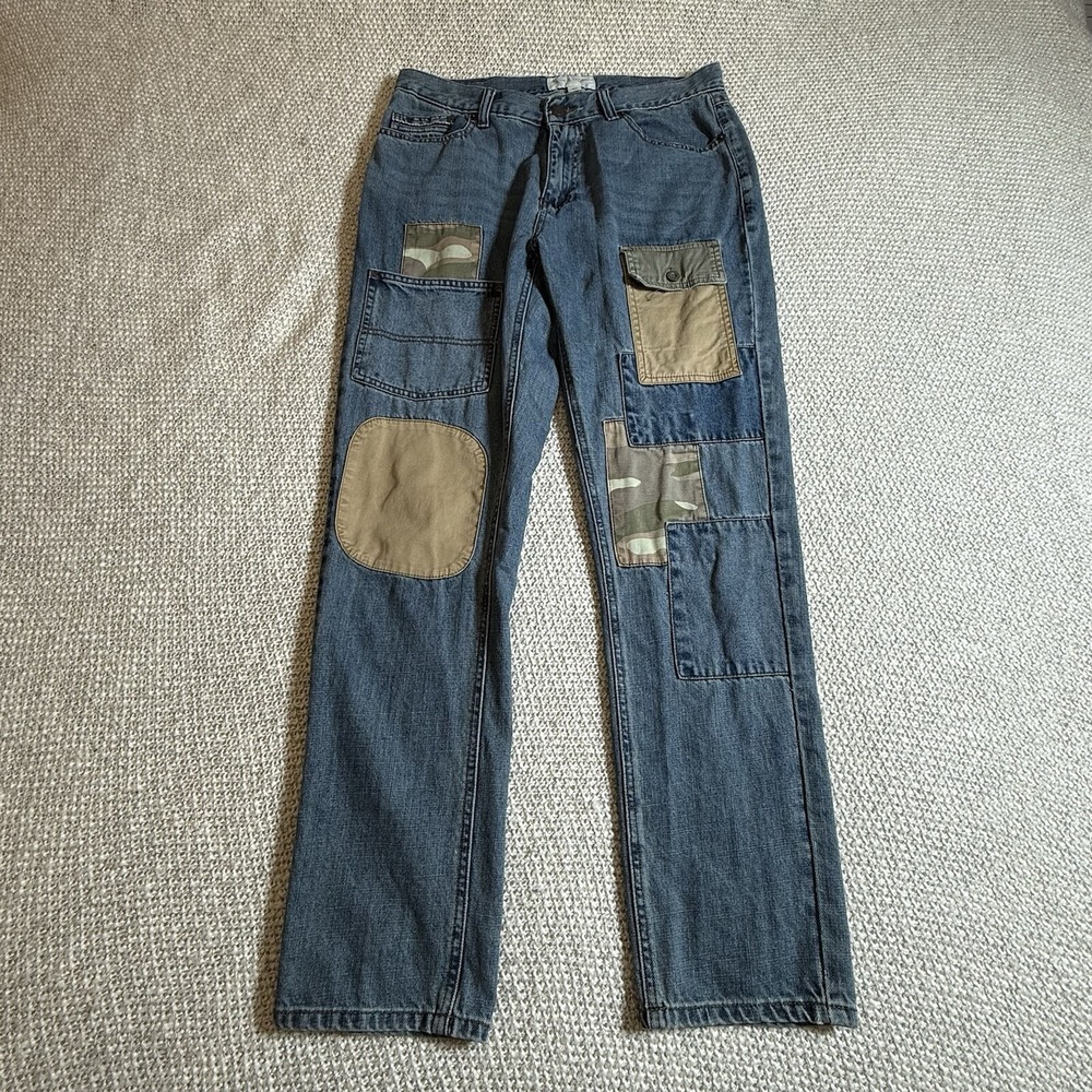 Sun + Stone Jeans Men 32 Blue Patchwork Camo Panels Straight Leg